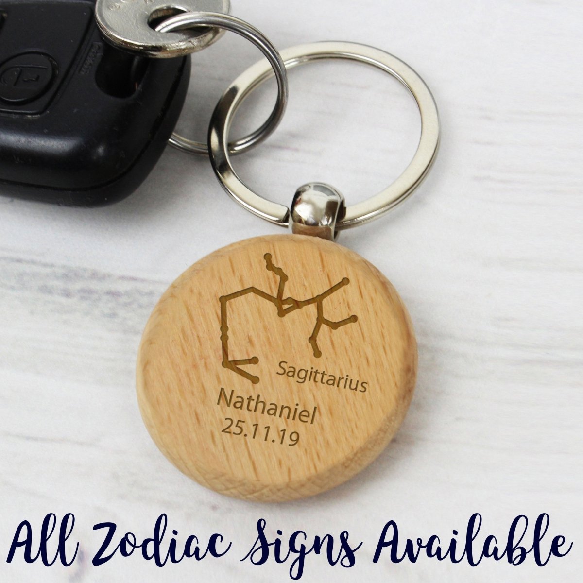 Personalised Sagittarius Zodiac Star Sign Wooden Keyring November 22nd December 21st