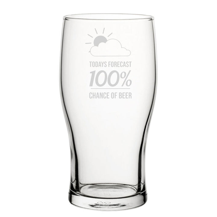 100% Chance Of Beer - Engraved Novelty Tulip Pint Glass - available to buy online at www.giftsfinder.co.uk