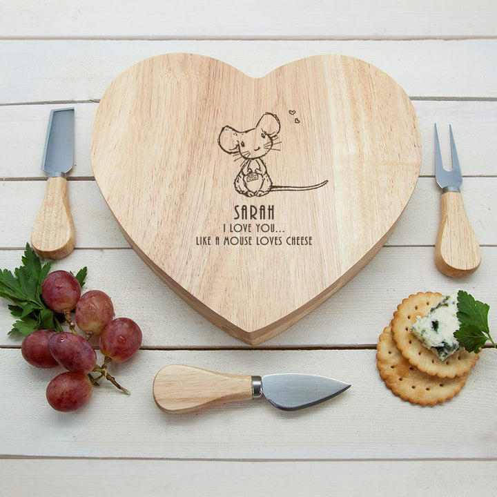 'Like A Mouse Loves Cheese' Romantic Heart Cheese Board With 3 Cheese Knives () available to buy now at www.giftsfinder.co.uk