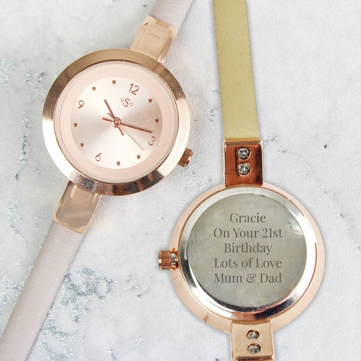 Personalised Rose Gold with Faux Leather Strap Ladies Watch in gift category Personalised Watches