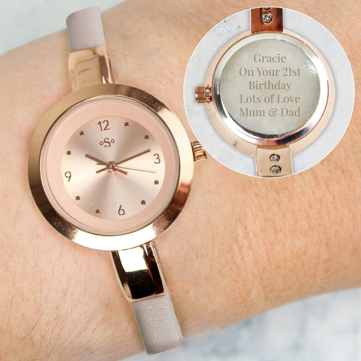 Personalised Rose Gold with Faux Leather Strap Ladies Watch in gift category 