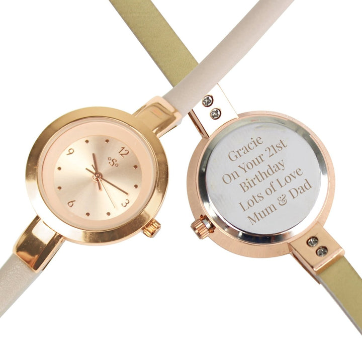 Personalised Rose Gold with Faux Leather Strap Ladies Watch in gift category 