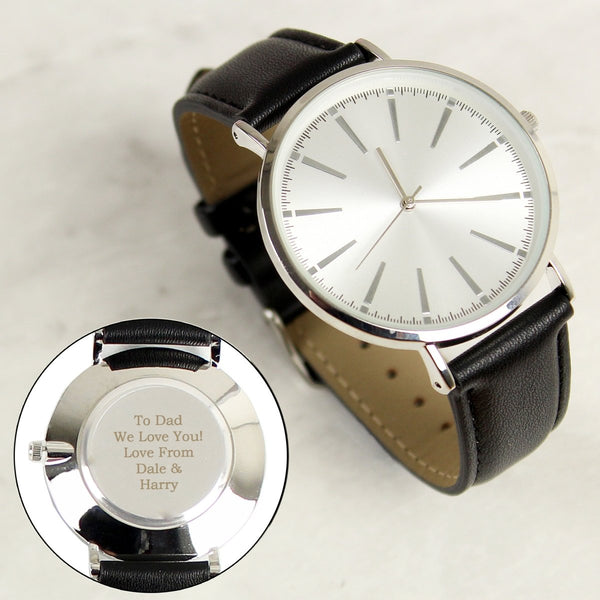 Personalised Silver with Black Leather Strap Watch in gift category Personalised Watches