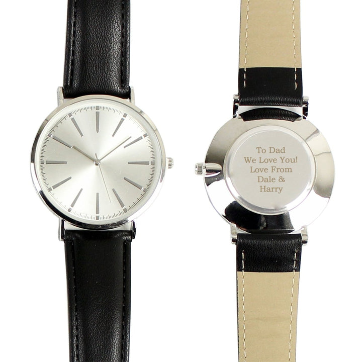 Personalised Silver with Black Leather Strap Watch in gift category 