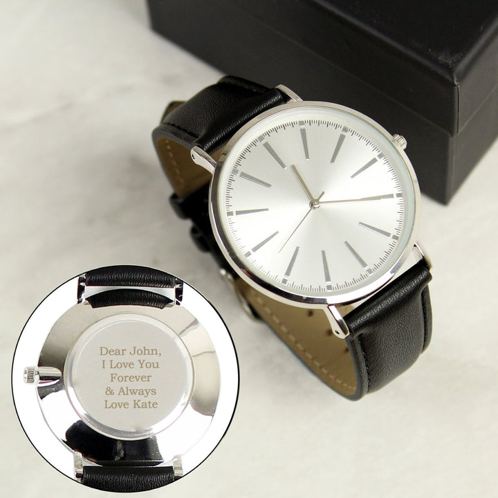 Personalised Silver with Black Leather Strap Watch in gift category 