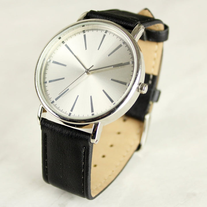 Personalised Silver with Black Leather Strap Watch in gift category 