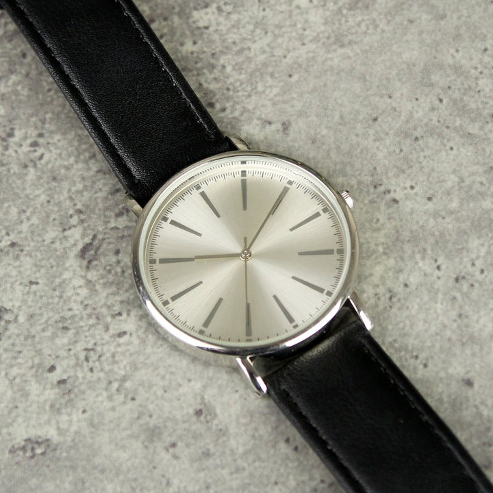 Personalised Silver with Black Leather Strap Watch in gift category 