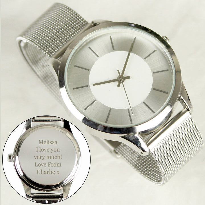 Buy Personalised Engraved Women's Silver Watch With Mesh Style Strap available now at www.giftsfinder.co.uk