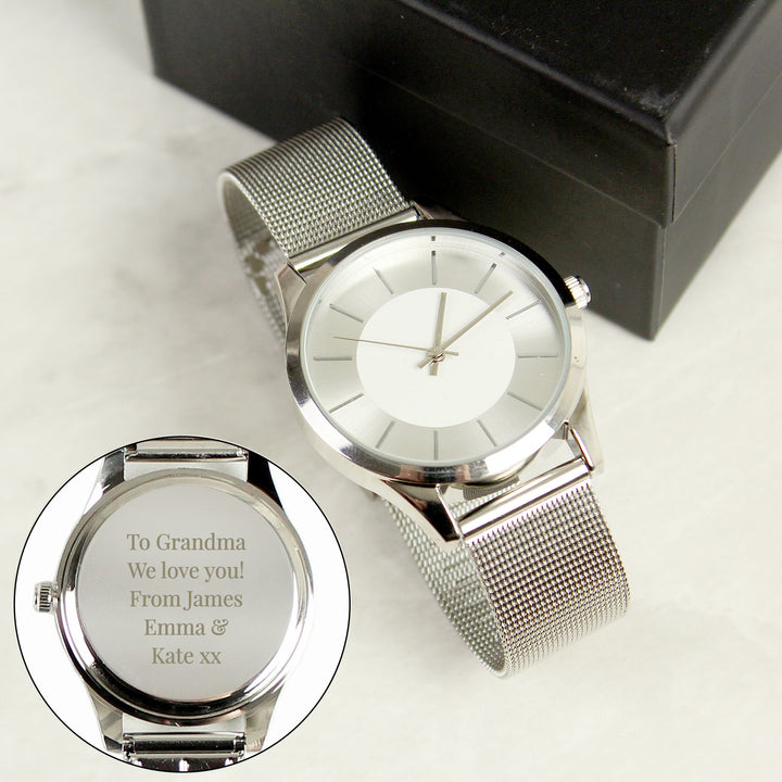 Buy Personalised Engraved Women's Silver Watch With Mesh Style Strap available now at www.giftsfinder.co.uk