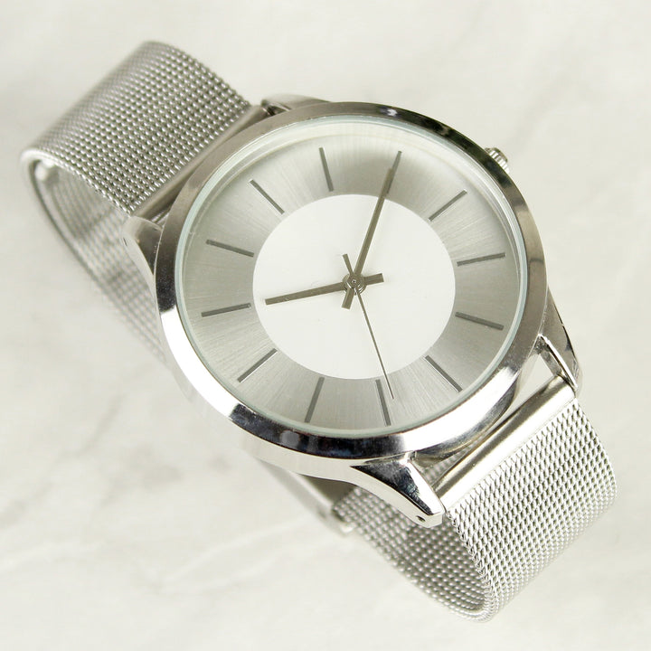 Buy Personalised Engraved Women's Silver Watch With Mesh Style Strap available now at www.giftsfinder.co.uk