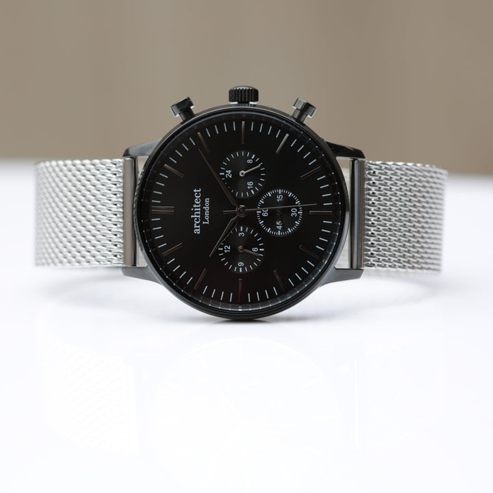 Buy Personalised Men's Architect Motivator Watch In Black With Silver Mesh Strap - Modern Font Engraved available now at www.giftsfinder.co.uk