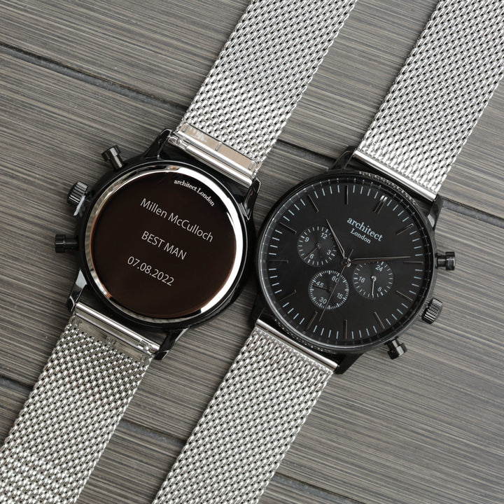 Buy Personalised Men's Architect Motivator Watch In Black With Silver Mesh Strap - Modern Font Engraved available now at www.giftsfinder.co.uk