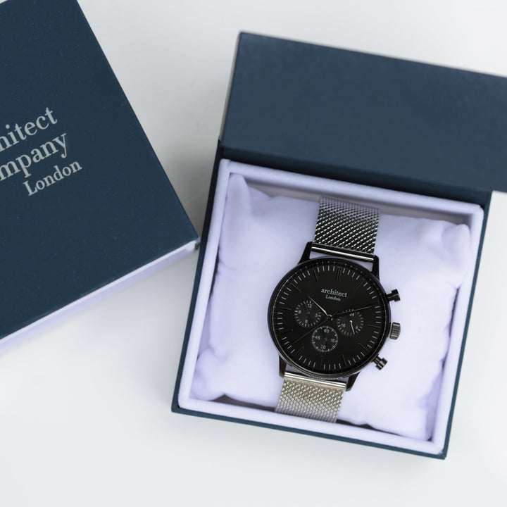 Buy Personalised Men's Architect Motivator Watch In Black With Silver Mesh Strap - Modern Font Engraved available now at www.giftsfinder.co.uk