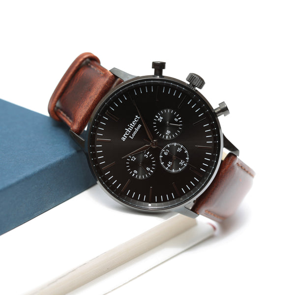 Buy Personalised Men's Architect Motivator Watch In Black With Walnut Strap - Modern Font Engraved available now at www.giftsfinder.co.uk