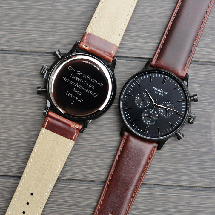 Buy Personalised Men's Architect Motivator Watch In Black With Walnut Strap - Modern Font Engraved available now at www.giftsfinder.co.uk