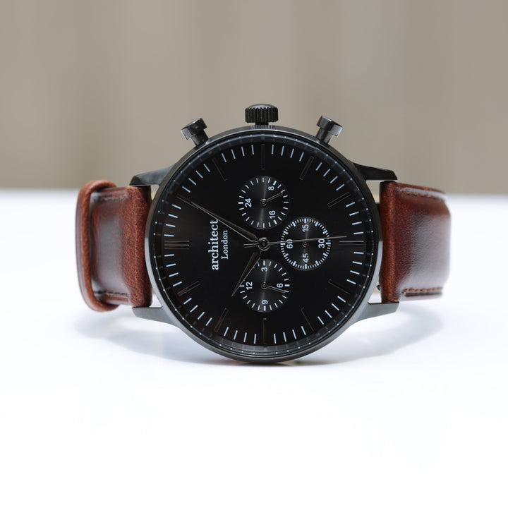 Buy Personalised Men's Architect Motivator Watch In Black With Walnut Strap - Modern Font Engraved available now at www.giftsfinder.co.uk