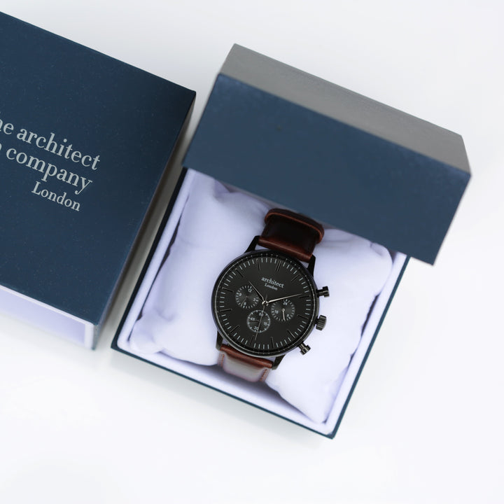 Buy Personalised Men's Architect Motivator Watch In Black With Walnut Strap - Modern Font Engraved available now at www.giftsfinder.co.uk