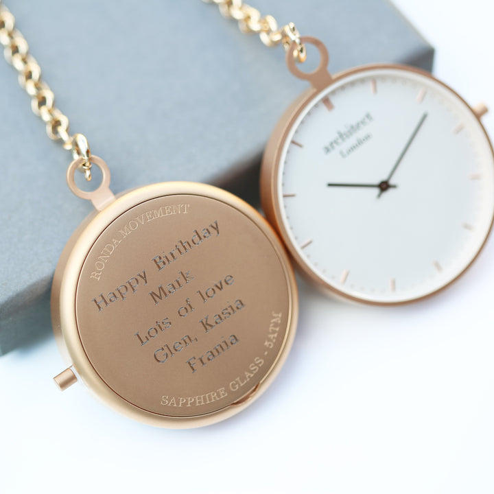 Buy Personalised Modern Pocket Watch Rose Gold Modern Font Engraved available now at www.giftsfinder.co.uk