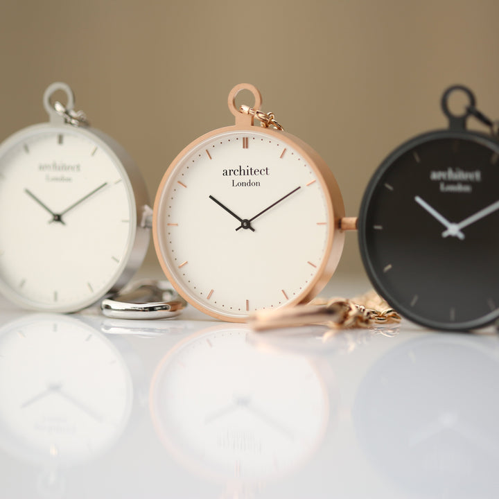 Buy Personalised Modern Pocket Watch Rose Gold Modern Font Engraved available now at www.giftsfinder.co.uk