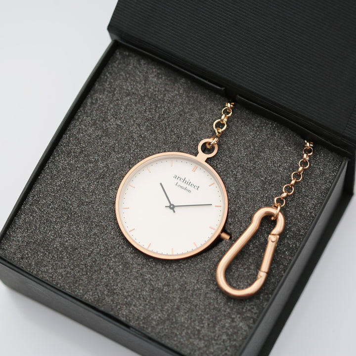 Buy Personalised Modern Pocket Watch Rose Gold Modern Font Engraved available now at www.giftsfinder.co.uk