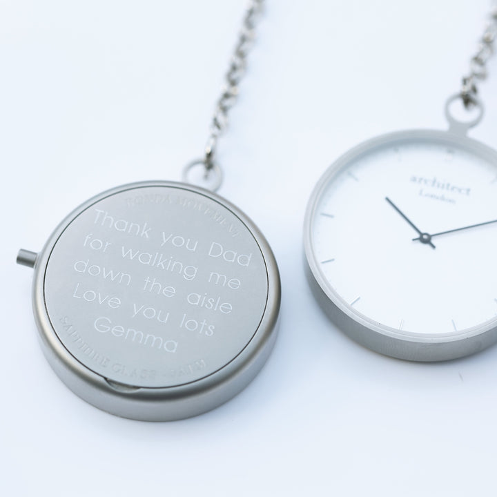 Buy Personalised Modern Pocket Watch Silver Modern Font Engraved available now at www.giftsfinder.co.uk