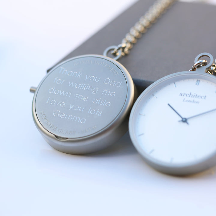 Buy Personalised Modern Pocket Watch Silver Modern Font Engraved available now at www.giftsfinder.co.uk