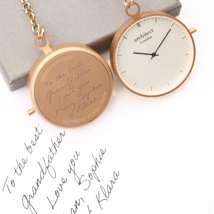 Buy Personalised Modern Pocket Watch Rose Gold Handwriting Engraved available now at www.giftsfinder.co.uk