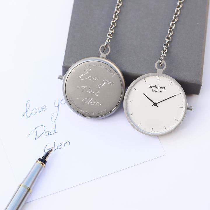 Buy Personalised Modern Pocket Watch Silver Handwriting Engraved available now at www.giftsfinder.co.uk