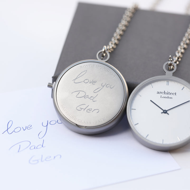 Buy Personalised Modern Pocket Watch Silver Handwriting Engraved available now at www.giftsfinder.co.uk