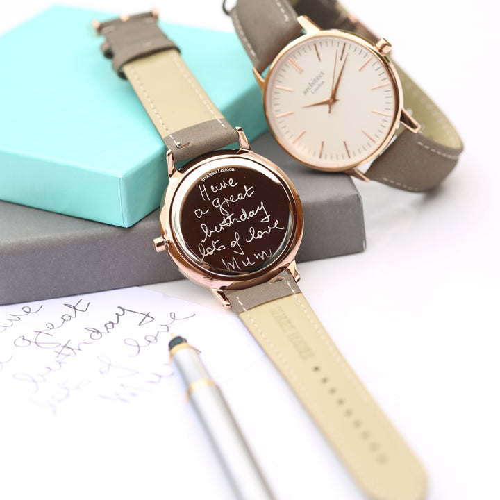 Buy Personalised Ladies Architect Blanc Handwriting Engraved Watch + Light Grey Strap available now at www.giftsfinder.co.uk