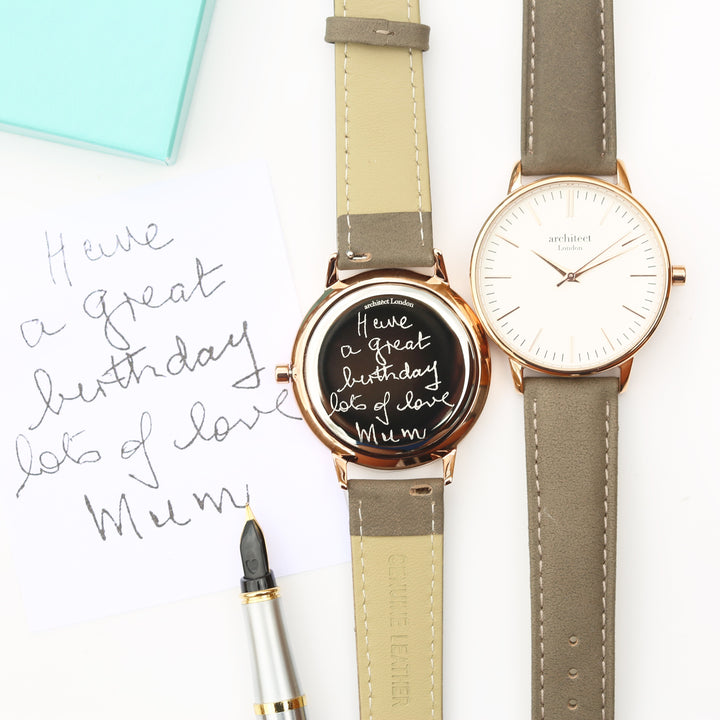 Buy Personalised Ladies Architect Blanc Handwriting Engraved Watch + Light Grey Strap available now at www.giftsfinder.co.uk