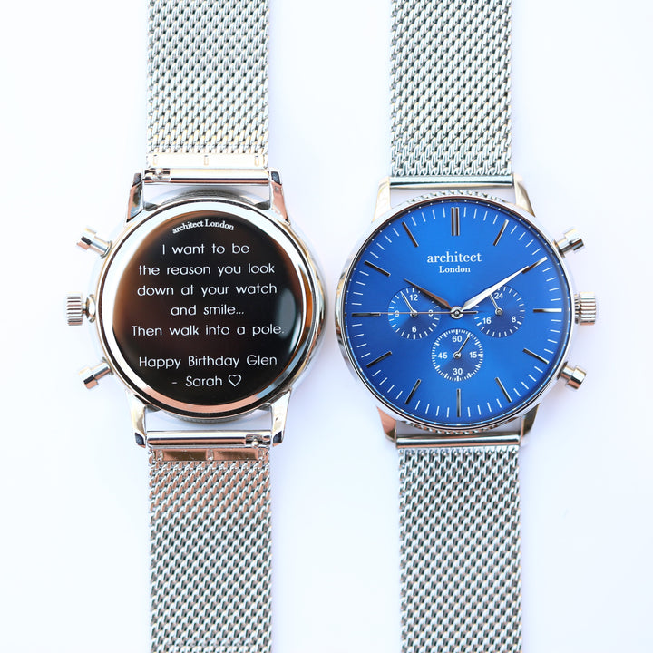 Buy Personalised Men's Architect Motivator Watch In Blue With Silver Mesh Strap - Modern Font Engraved available now at www.giftsfinder.co.uk