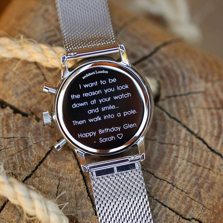 Buy Personalised Men's Architect Motivator Watch In Blue With Silver Mesh Strap - Modern Font Engraved available now at www.giftsfinder.co.uk