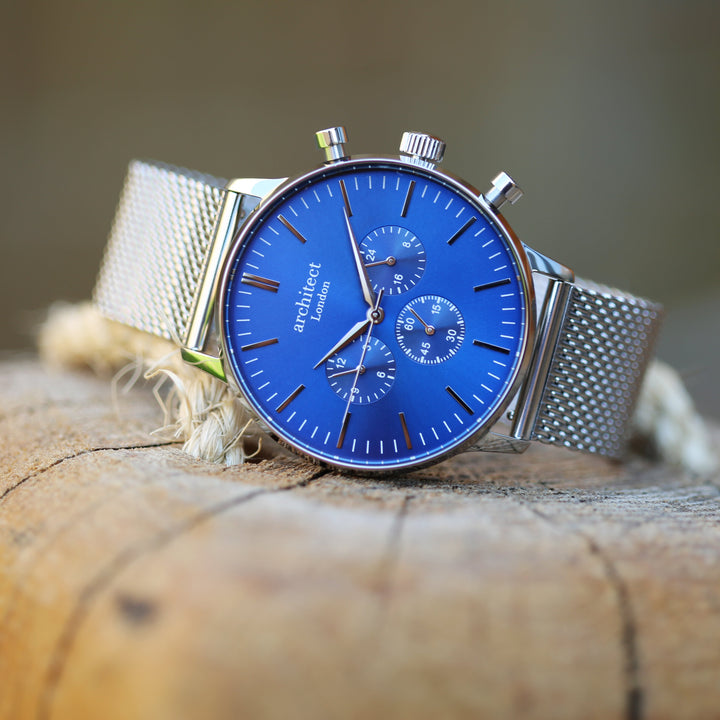 Buy Personalised Men's Architect Motivator Watch In Blue With Silver Mesh Strap - Modern Font Engraved available now at www.giftsfinder.co.uk