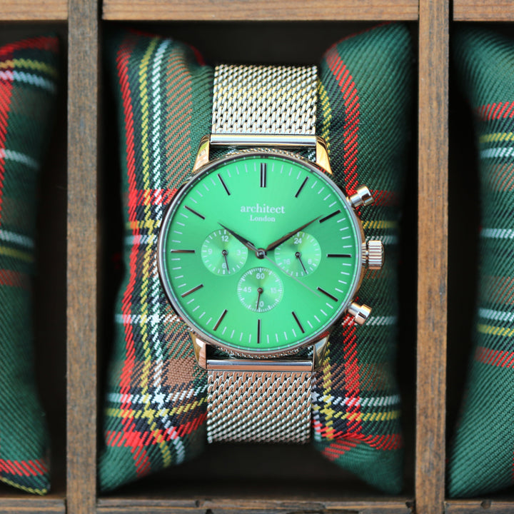 Buy Personalised Men's Architect Motivator Watch In Envy Green With Silver Mesh Strap - Modern Font Engraved available now at www.giftsfinder.co.uk