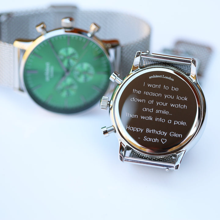 Buy Personalised Men's Architect Motivator Watch In Envy Green With Silver Mesh Strap - Modern Font Engraved available now at www.giftsfinder.co.uk