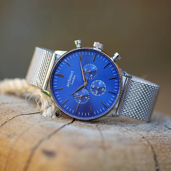 Buy Personalised Men's Architect Motivator Watch In Blue With Silver Mesh Strap - Modern Font Engraved available now at www.giftsfinder.co.uk