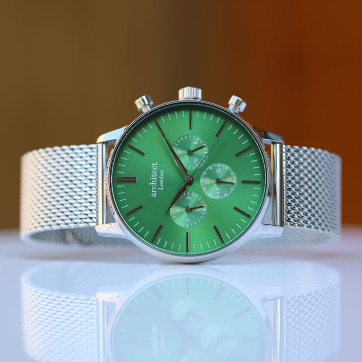 Buy Personalised Men's Architect Motivator Watch In Envy Green With Silver Mesh Strap - Modern Font Engraved available now at www.giftsfinder.co.uk