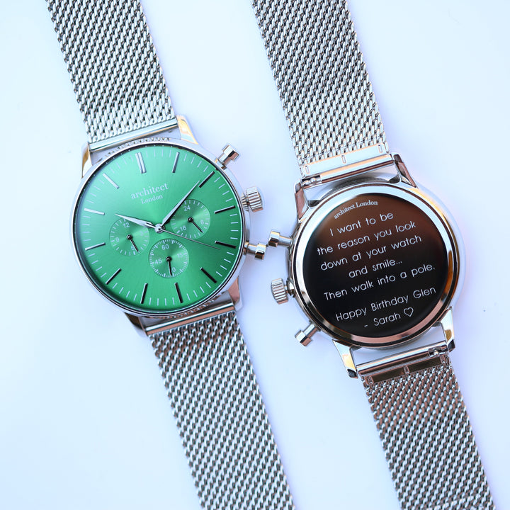 Buy Personalised Men's Architect Motivator Watch In Envy Green With Silver Mesh Strap - Modern Font Engraved available now at www.giftsfinder.co.uk