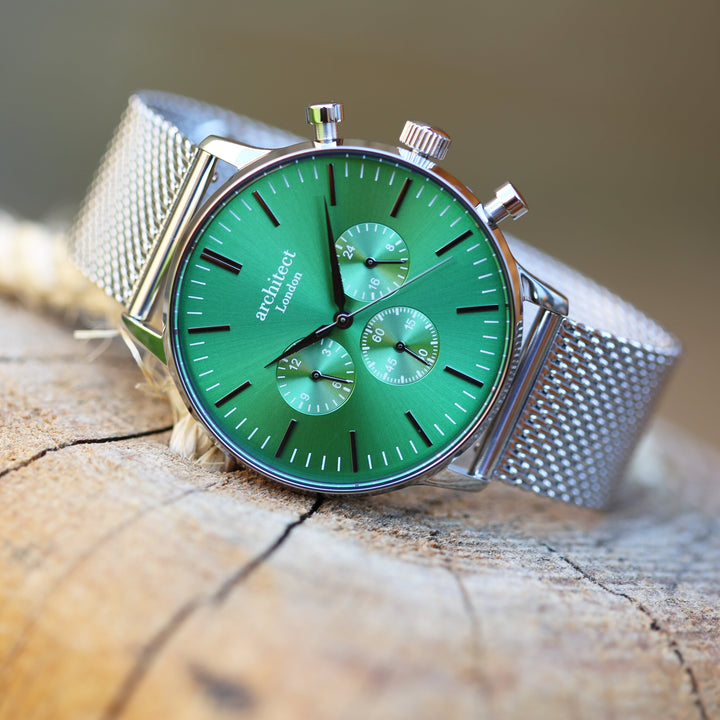 Buy Personalised Men's Architect Motivator Watch In Envy Green With Silver Mesh Strap - Modern Font Engraved available now at www.giftsfinder.co.uk