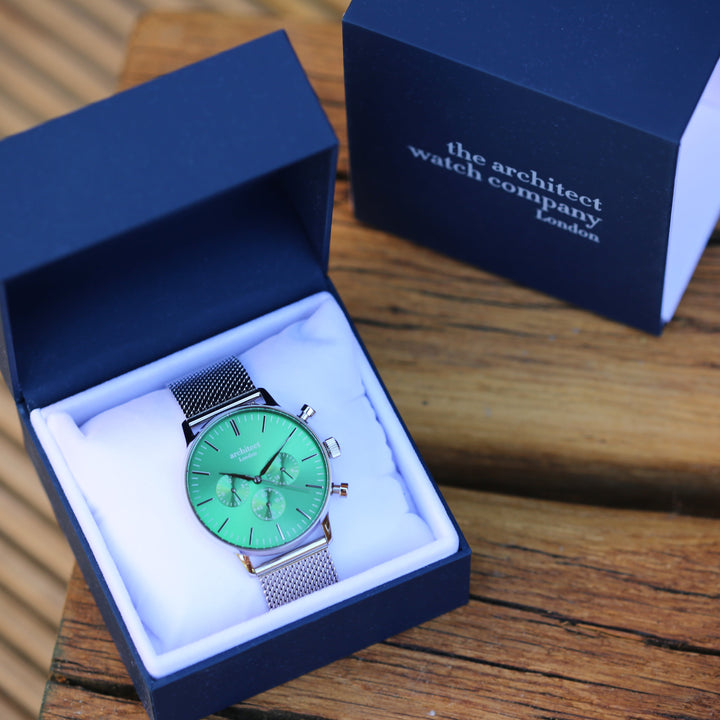 Buy Personalised Men's Architect Motivator Watch In Envy Green With Silver Mesh Strap - Modern Font Engraved available now at www.giftsfinder.co.uk