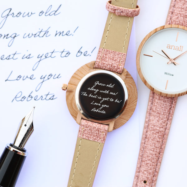 Personalised Women's Handwriting Engraved Anaii Watch - Sweet Pink in gift category Personalised Watches