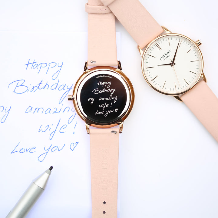 Buy Personalised Ladies Architect Blanc Handwriting Engraved Watch + Light Pink Strap available now at www.giftsfinder.co.uk