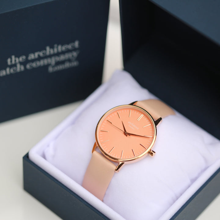 Buy Personalised Ladies Architect Coral Handwriting Engraved Watch + Light Pink Strap available now at www.giftsfinder.co.uk