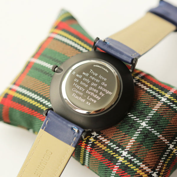 Buy Personalised Modern Font Engraved Men's Minimalist Watch + Admiral Blue Strap available now at www.giftsfinder.co.uk