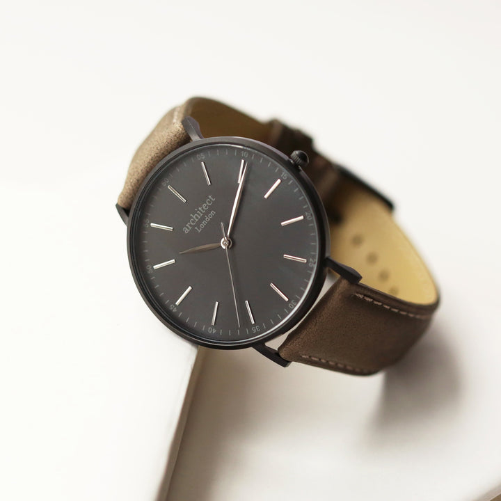 Buy Personalised Modern Font Engraved Men's Minimalist Watch + Urban Grey Strap available now at www.giftsfinder.co.uk