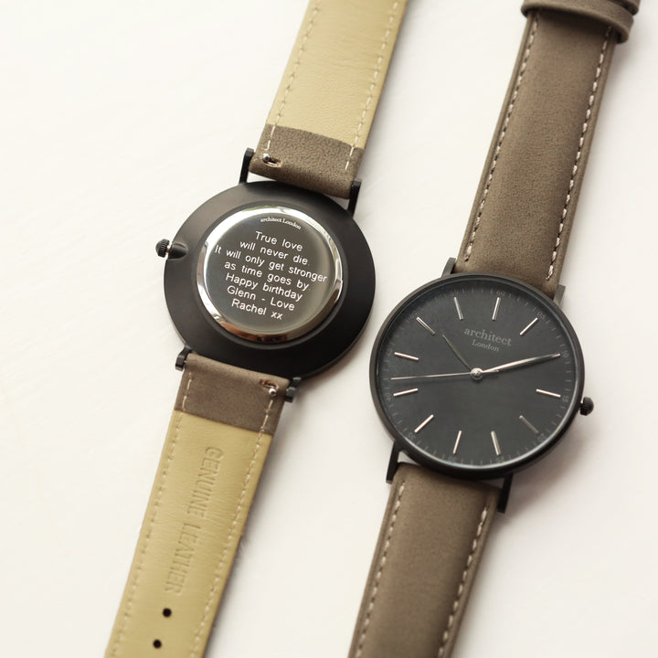 Buy Personalised Modern Font Engraved Men's Minimalist Watch + Urban Grey Strap available now at www.giftsfinder.co.uk