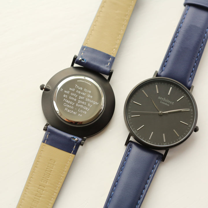 Buy Personalised Modern Font Engraved Men's Minimalist Watch + Admiral Blue Strap available now at www.giftsfinder.co.uk