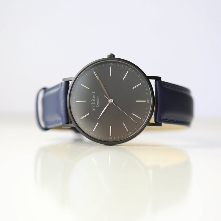 Buy Personalised Modern Font Engraved Men's Minimalist Watch + Admiral Blue Strap available now at www.giftsfinder.co.uk