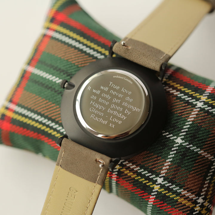 Buy Personalised Modern Font Engraved Men's Minimalist Watch + Urban Grey Strap available now at www.giftsfinder.co.uk